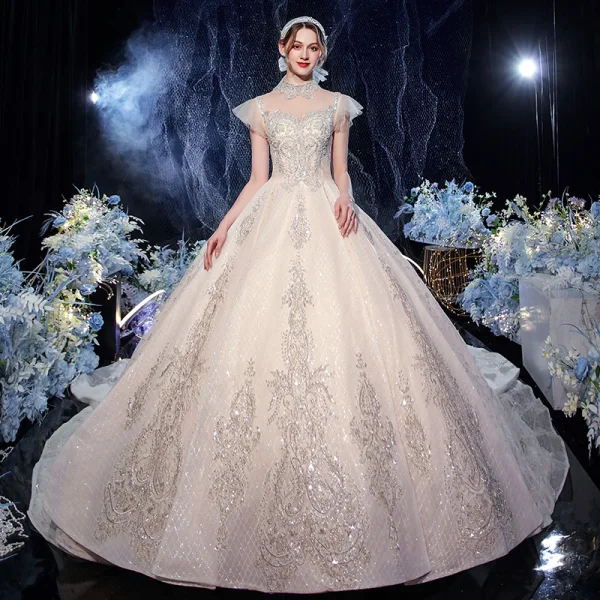 Luxury / Gorgeous Champagne Bridal Wedding Dresses 2020 Ball Gown See-through High Neck Sleeveless Backless Beading Sequins Glitter Tulle Royal Train Ruffle