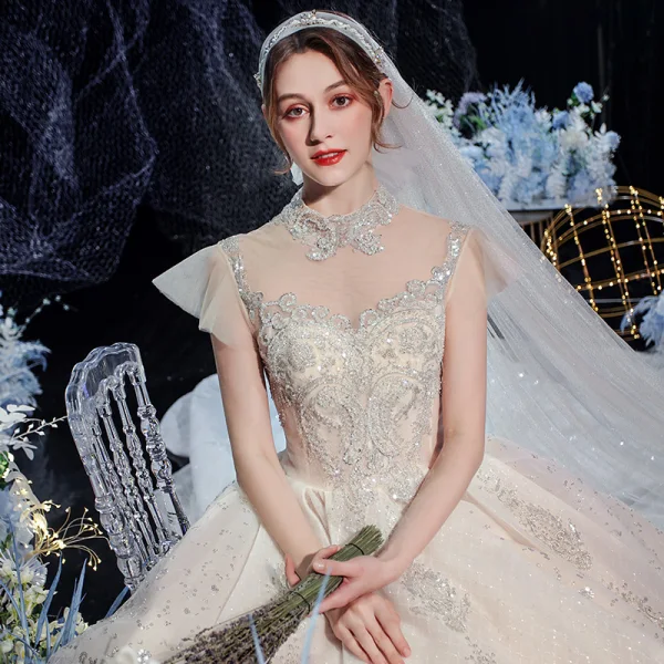 Luxury / Gorgeous Champagne Bridal Wedding Dresses 2020 Ball Gown See-through High Neck Sleeveless Backless Beading Sequins Glitter Tulle Royal Train Ruffle