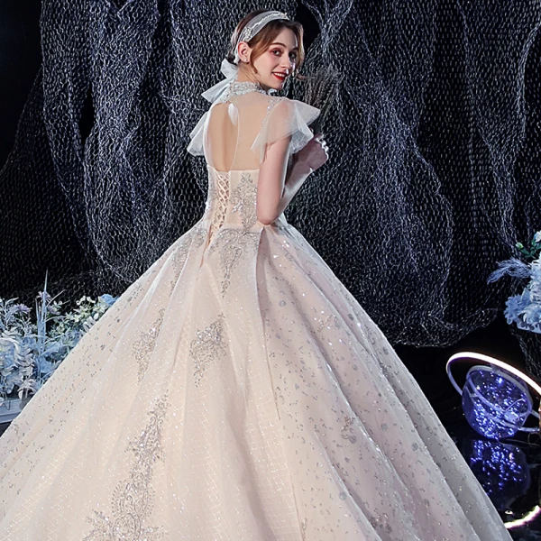 Luxury / Gorgeous Champagne Bridal Wedding Dresses 2020 Ball Gown See-through High Neck Sleeveless Backless Beading Sequins Glitter Tulle Royal Train Ruffle