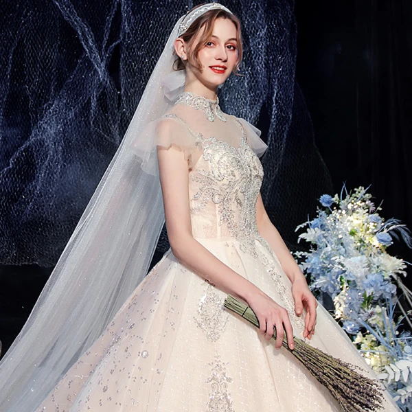 Luxury / Gorgeous Champagne Bridal Wedding Dresses 2020 Ball Gown See-through High Neck Sleeveless Backless Beading Sequins Glitter Tulle Royal Train Ruffle