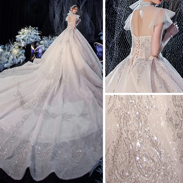 Luxury / Gorgeous Champagne Bridal Wedding Dresses 2020 Ball Gown See-through High Neck Sleeveless Backless Beading Sequins Glitter Tulle Royal Train Ruffle