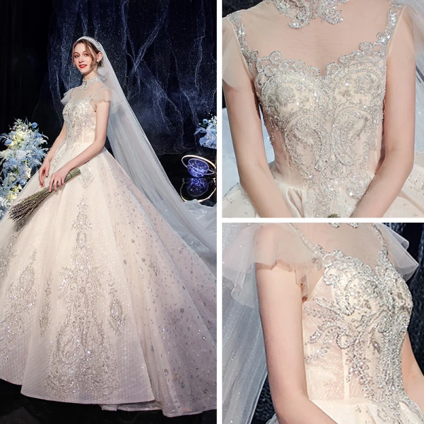 Luxury / Gorgeous Champagne Bridal Wedding Dresses 2020 Ball Gown See-through High Neck Sleeveless Backless Beading Sequins Glitter Tulle Royal Train Ruffle