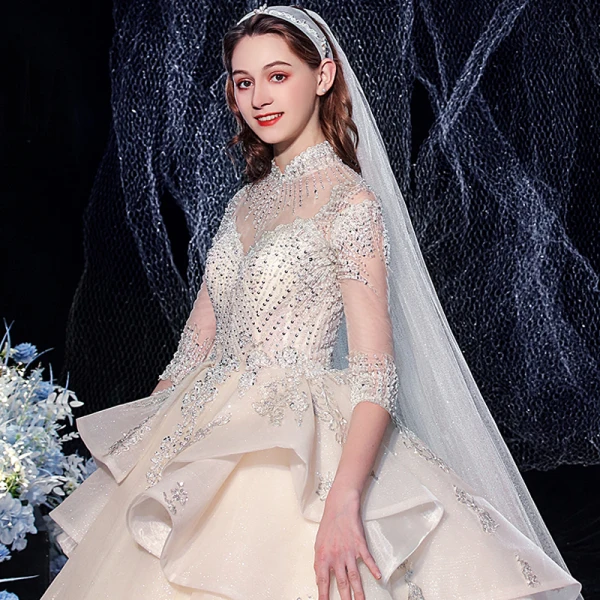 Vintage / Retro Champagne Bridal Wedding Dresses 2020 Ball Gown See-through High Neck 1/2 Sleeves Backless Appliques Lace Beading Sequins Glitter Tulle Cathedral Train Ruffle