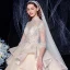 Vintage / Retro Champagne Bridal Wedding Dresses 2020 Ball Gown See-through High Neck 1/2 Sleeves Backless Appliques Lace Beading Sequins Glitter Tulle Cathedral Train Ruffle