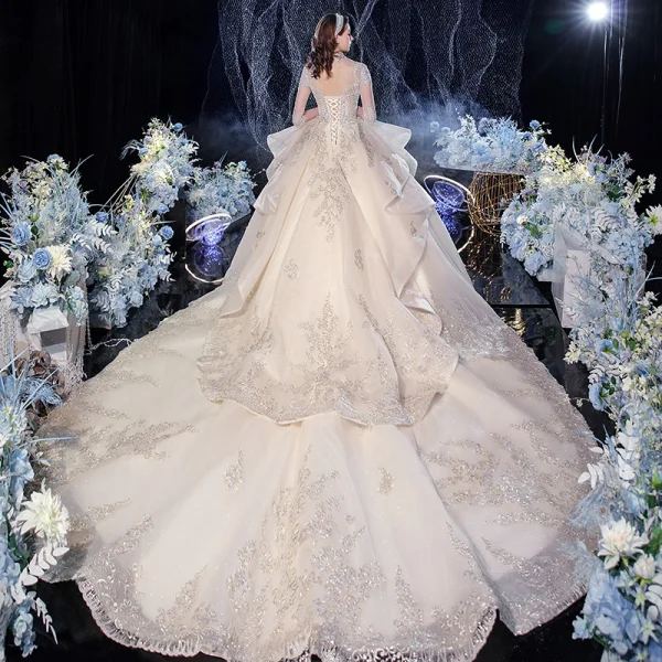 Vintage / Retro Champagne Bridal Wedding Dresses 2020 Ball Gown See-through High Neck 1/2 Sleeves Backless Appliques Lace Beading Sequins Glitter Tulle Cathedral Train Ruffle