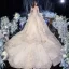 Vintage / Retro Champagne Bridal Wedding Dresses 2020 Ball Gown See-through High Neck 1/2 Sleeves Backless Appliques Lace Beading Sequins Glitter Tulle Cathedral Train Ruffle