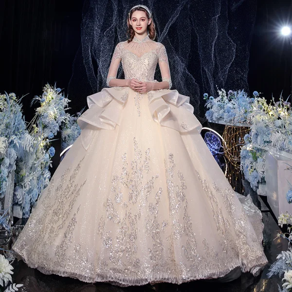 Vintage / Retro Champagne Bridal Wedding Dresses 2020 Ball Gown See-through High Neck 1/2 Sleeves Backless Appliques Lace Beading Sequins Glitter Tulle Cathedral Train Ruffle