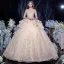 Vintage / Retro Champagne Bridal Wedding Dresses 2020 Ball Gown See-through High Neck 1/2 Sleeves Backless Appliques Lace Beading Sequins Glitter Tulle Cathedral Train Ruffle