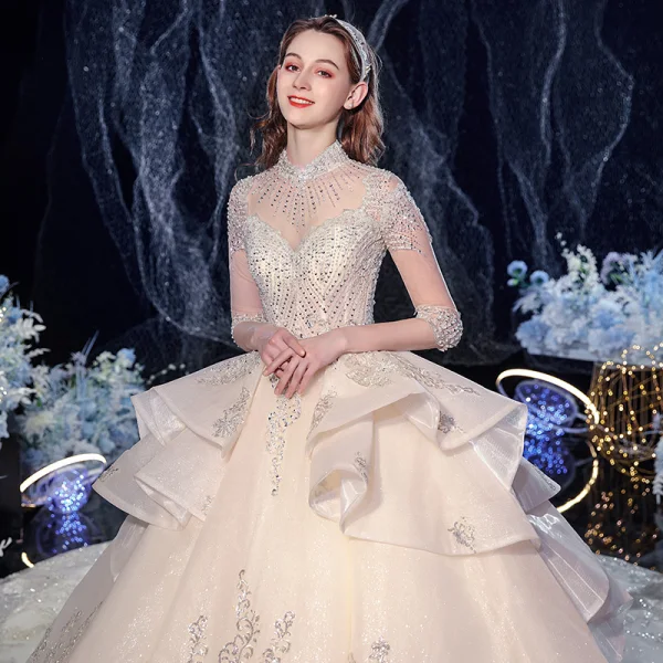 Vintage / Retro Champagne Bridal Wedding Dresses 2020 Ball Gown See-through High Neck 1/2 Sleeves Backless Appliques Lace Beading Sequins Glitter Tulle Cathedral Train Ruffle