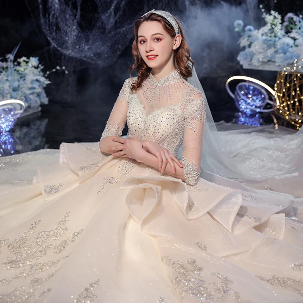 Vintage / Retro Champagne Bridal Wedding Dresses 2020 Ball Gown See-through High Neck 1/2 Sleeves Backless Appliques Lace Beading Sequins Glitter Tulle Cathedral Train Ruffle