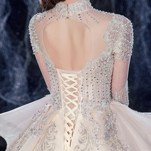 Vintage / Retro Champagne Bridal Wedding Dresses 2020 Ball Gown See-through High Neck 1/2 Sleeves Backless Appliques Lace Beading Sequins Glitter Tulle Cathedral Train Ruffle