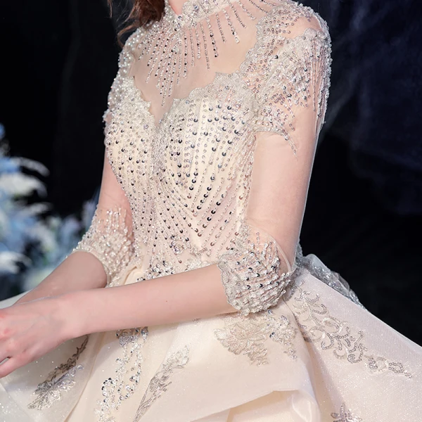 Vintage / Retro Champagne Bridal Wedding Dresses 2020 Ball Gown See-through High Neck 1/2 Sleeves Backless Appliques Lace Beading Sequins Glitter Tulle Cathedral Train Ruffle
