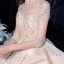 Vintage / Retro Champagne Bridal Wedding Dresses 2020 Ball Gown See-through High Neck 1/2 Sleeves Backless Appliques Lace Beading Sequins Glitter Tulle Cathedral Train Ruffle