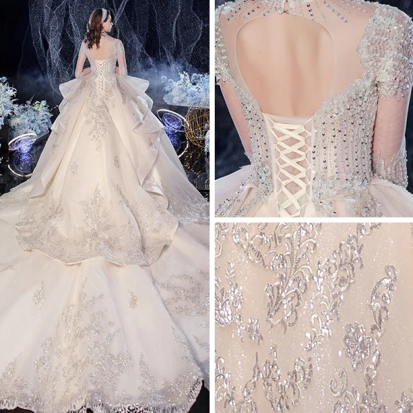 Vintage / Retro Champagne Bridal Wedding Dresses 2020 Ball Gown See-through High Neck 1/2 Sleeves Backless Appliques Lace Beading Sequins Glitter Tulle Cathedral Train Ruffle