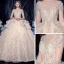 Vintage / Retro Champagne Bridal Wedding Dresses 2020 Ball Gown See-through High Neck 1/2 Sleeves Backless Appliques Lace Beading Sequins Glitter Tulle Cathedral Train Ruffle