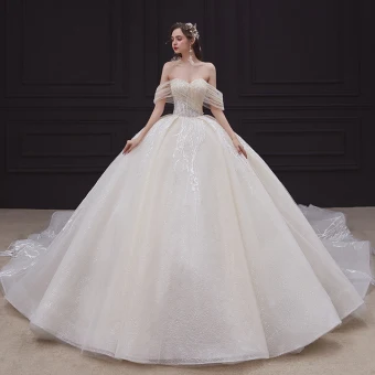 Elegant Champagne Bridal Wedding Dresses 2020 Ball Gown Off The Shoulder Short Sleeve Backless Appliques Lace Beading Rhinestone Glitter Tulle Cathedral Train Ruffle