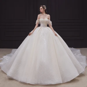 Eleganckie Szampan Ślubna Suknie Ślubne 2020 Suknia Balowa Przy Ramieniu Kótkie Rękawy Bez Pleców Aplikacje Z Koronki Frezowanie Rhinestone Cekinami Tiulowe Trenem Katedra Wzburzyć