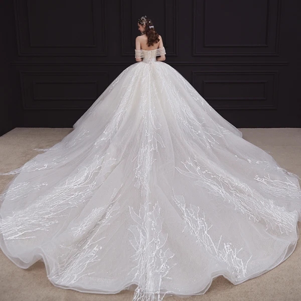 Elegant Champagne Bridal Wedding Dresses 2020 Ball Gown Off-The-Shoulder Short Sleeve Backless Appliques Lace Beading Rhinestone Glitter Tulle Cathedral Train Ruffle
