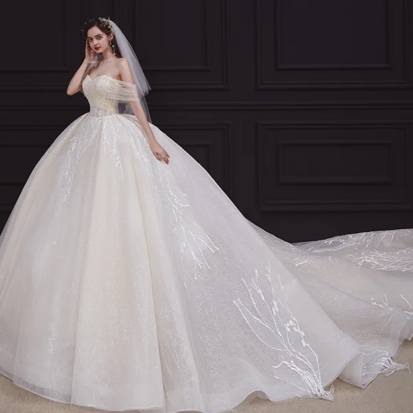 Elegant Champagne Bridal Wedding Dresses 2020 Ball Gown Off-The-Shoulder Short Sleeve Backless Appliques Lace Beading Rhinestone Glitter Tulle Cathedral Train Ruffle
