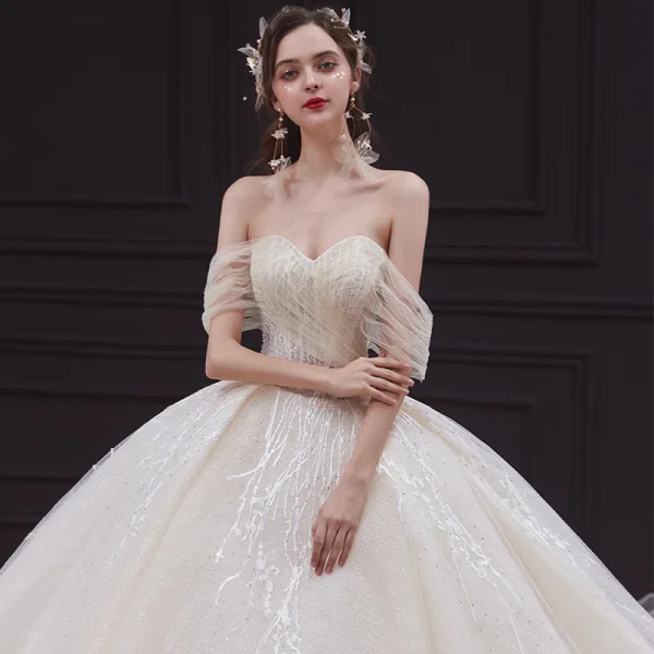 Elegant Champagne Bridal Wedding Dresses 2020 Ball Gown Off-The-Shoulder Short Sleeve Backless Appliques Lace Beading Rhinestone Glitter Tulle Cathedral Train Ruffle