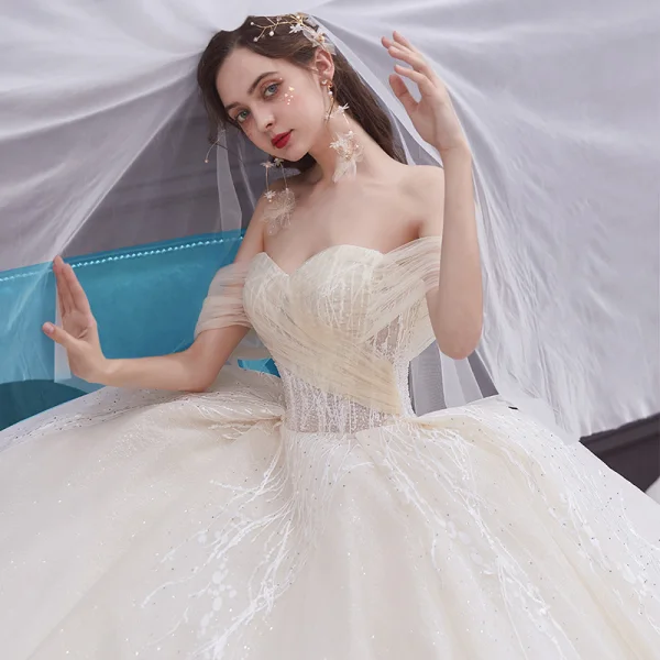 Elegant Champagne Bridal Wedding Dresses 2020 Ball Gown Off-The-Shoulder Short Sleeve Backless Appliques Lace Beading Rhinestone Glitter Tulle Cathedral Train Ruffle