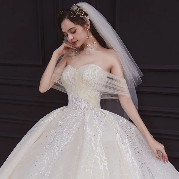 Elegant Champagne Bridal Wedding Dresses 2020 Ball Gown Off-The-Shoulder Short Sleeve Backless Appliques Lace Beading Rhinestone Glitter Tulle Cathedral Train Ruffle