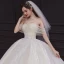 Elegant Champagne Bridal Wedding Dresses 2020 Ball Gown Off-The-Shoulder Short Sleeve Backless Appliques Lace Beading Rhinestone Glitter Tulle Cathedral Train Ruffle