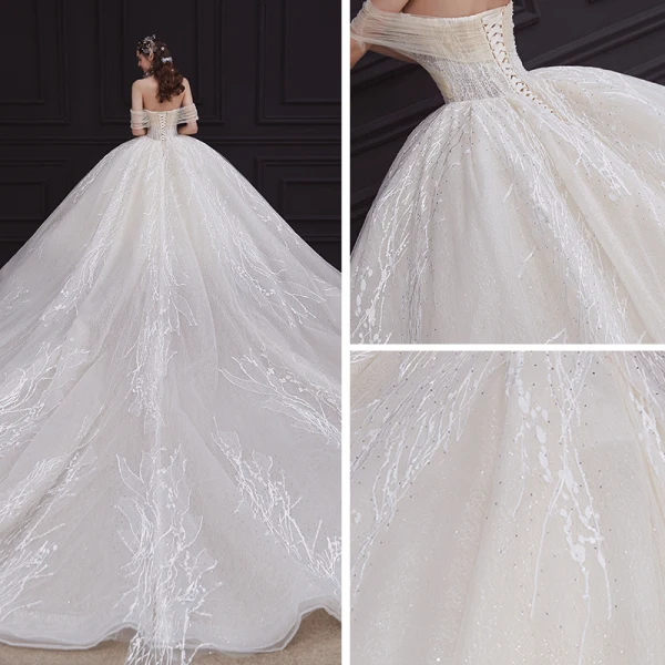 Elegant Champagne Bridal Wedding Dresses 2020 Ball Gown Off-The-Shoulder Short Sleeve Backless Appliques Lace Beading Rhinestone Glitter Tulle Cathedral Train Ruffle