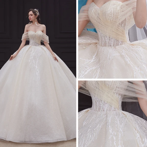 Elegant Champagne Bridal Wedding Dresses 2020 Ball Gown Off-The-Shoulder Short Sleeve Backless Appliques Lace Beading Rhinestone Glitter Tulle Cathedral Train Ruffle