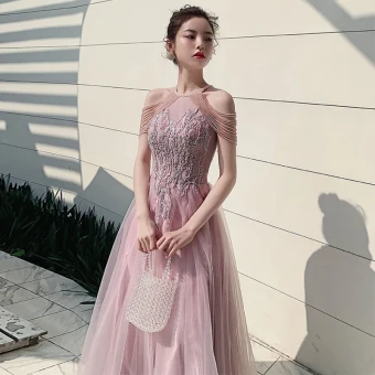 Elegant Candy Pink Evening Dresses 2020 A Line Princess Scoop Neck Sleeveless Appliques Lace Beading Glitter Tulle Floor Length Long Ruffle Backless Formal Dresses