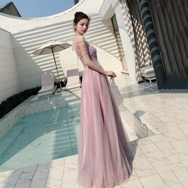 Elegant Candy Pink Evening Dresses 2020 A-Line / Princess Scoop Neck Sleeveless Appliques Lace Beading Glitter Tulle Floor-Length / Long Ruffle Backless Formal Dresses