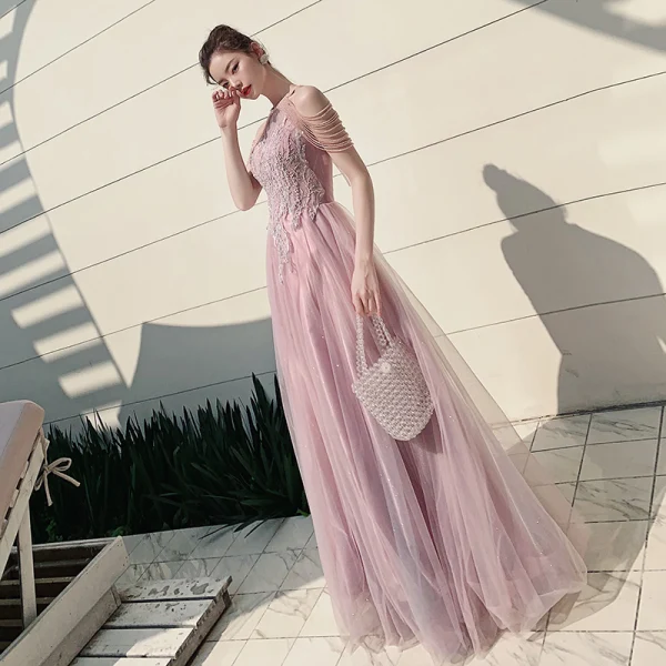 Elegant Candy Pink Evening Dresses 2020 A-Line / Princess Scoop Neck Sleeveless Appliques Lace Beading Glitter Tulle Floor-Length / Long Ruffle Backless Formal Dresses
