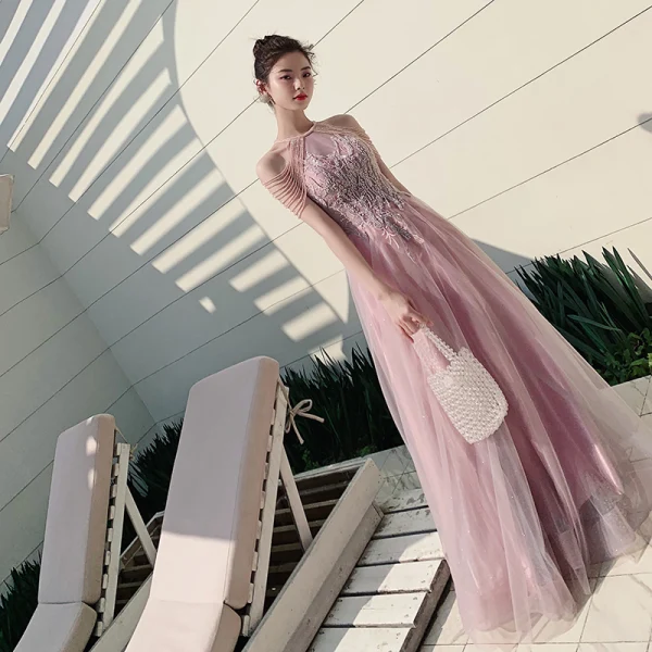Elegant Candy Pink Evening Dresses 2020 A-Line / Princess Scoop Neck Sleeveless Appliques Lace Beading Glitter Tulle Floor-Length / Long Ruffle Backless Formal Dresses