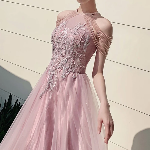Elegant Candy Pink Evening Dresses 2020 A-Line / Princess Scoop Neck Sleeveless Appliques Lace Beading Glitter Tulle Floor-Length / Long Ruffle Backless Formal Dresses