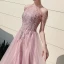 Elegant Candy Pink Evening Dresses  2020 A-Line / Princess Scoop Neck Sleeveless Appliques Lace Beading Glitter Tulle Floor-Length / Long Ruffle Backless Formal Dresses