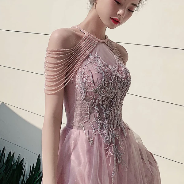 Elegant Candy Pink Evening Dresses 2020 A-Line / Princess Scoop Neck Sleeveless Appliques Lace Beading Glitter Tulle Floor-Length / Long Ruffle Backless Formal Dresses
