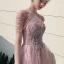 Elegant Candy Pink Evening Dresses  2020 A-Line / Princess Scoop Neck Sleeveless Appliques Lace Beading Glitter Tulle Floor-Length / Long Ruffle Backless Formal Dresses