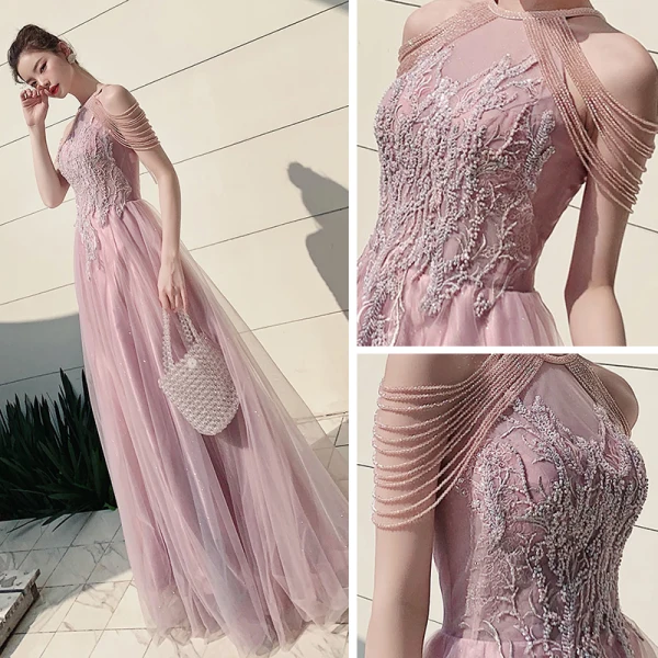 Elegant Candy Pink Evening Dresses 2020 A-Line / Princess Scoop Neck Sleeveless Appliques Lace Beading Glitter Tulle Floor-Length / Long Ruffle Backless Formal Dresses