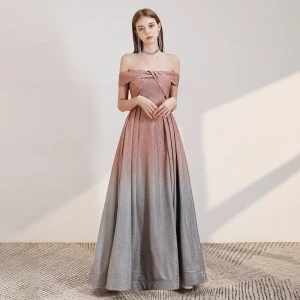 Fine Perle Rosa Gradient Farge Grå Selskapskjoler 2020 Prinsesse Av Skulderen Korte Ermer Glitter Polyester Lange Ryggløse Formelle Kjoler