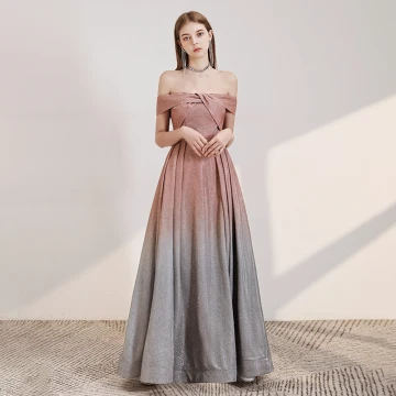 Chic Beautiful Pearl Pink Gradient Color Grey Evening Dresses 2020 A Line Princess Off The Shoulder Short Sleeve Glitter Polyester Floor Length Long Backless Formal Dresses