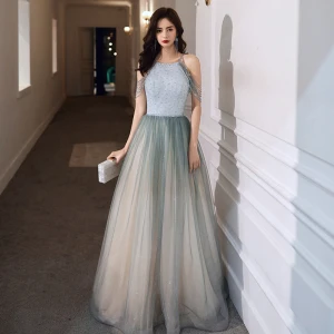 Elegant Salvie Grønn Selskapskjoler 2020 Prinsesse Scoop Halsen Uten Ermer Beading Glitter Tyll Lange Buste Ryggløse Formelle Kjoler