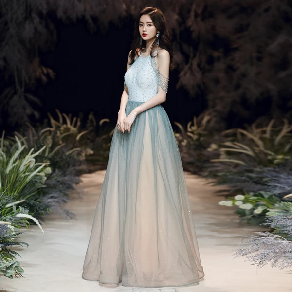 Elegant Sage Green Evening Dresses 2020 A-Line Princess Scoop Neck Sleeveless Beading