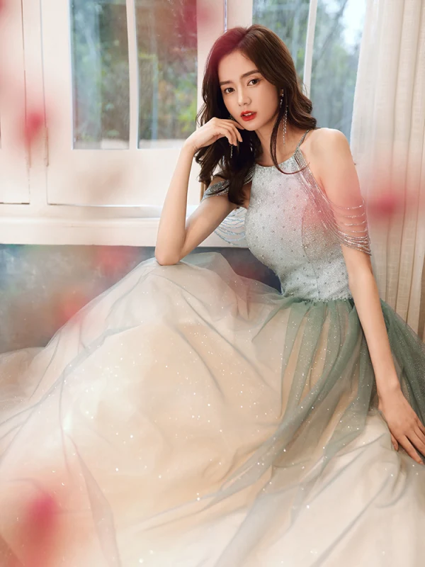 Elegant Sage Green Evening Dresses  2020 A-Line / Princess Scoop Neck Sleeveless Beading Glitter Tulle Floor-Length / Long Ruffle Backless Formal Dresses