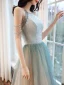 Elegant Sage Green Evening Dresses  2020 A-Line / Princess Scoop Neck Sleeveless Beading Glitter Tulle Floor-Length / Long Ruffle Backless Formal Dresses