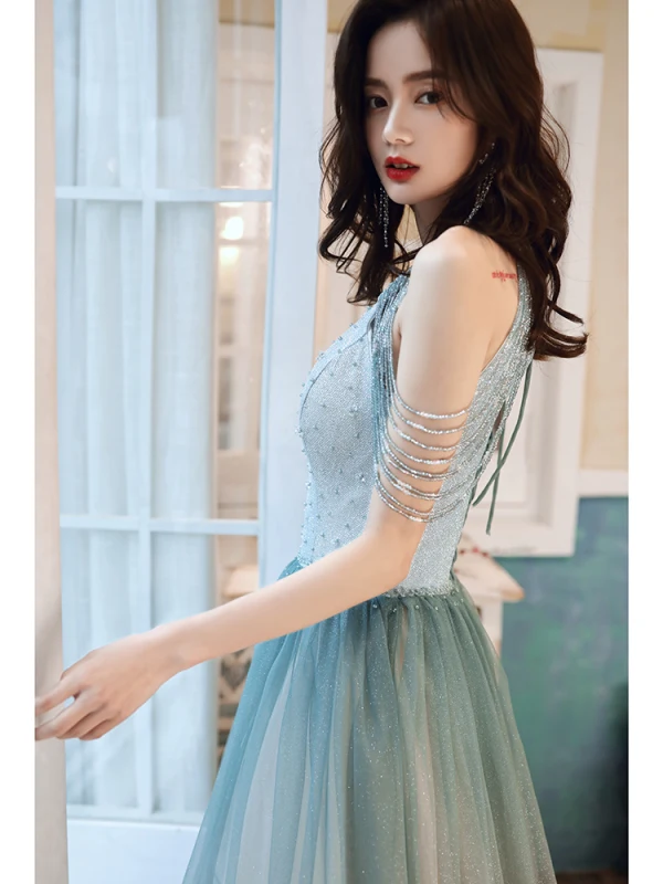 Elegant Sage Green Evening Dresses  2020 A-Line / Princess Scoop Neck Sleeveless Beading Glitter Tulle Floor-Length / Long Ruffle Backless Formal Dresses
