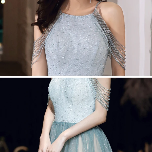 Elegant Sage Green Evening Dresses  2020 A-Line / Princess Scoop Neck Sleeveless Beading Glitter Tulle Floor-Length / Long Ruffle Backless Formal Dresses