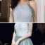 Elegant Sage Green Evening Dresses  2020 A-Line / Princess Scoop Neck Sleeveless Beading Glitter Tulle Floor-Length / Long Ruffle Backless Formal Dresses