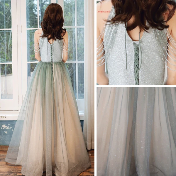 Elegant Sage Green Evening Dresses  2020 A-Line / Princess Scoop Neck Sleeveless Beading Glitter Tulle Floor-Length / Long Ruffle Backless Formal Dresses