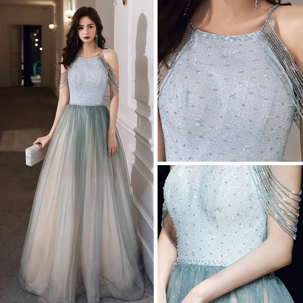 Elegant Sage Green Evening Dresses  2020 A-Line / Princess Scoop Neck Sleeveless Beading Glitter Tulle Floor-Length / Long Ruffle Backless Formal Dresses