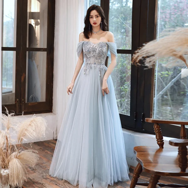 Chic / Belle Bleu Ciel Robe De Soirée 2020 Princesse De l'épaule Manches Courtes Appliques En Dentelle Perlage Longue Volants Dos Nu Robe De Ceremonie